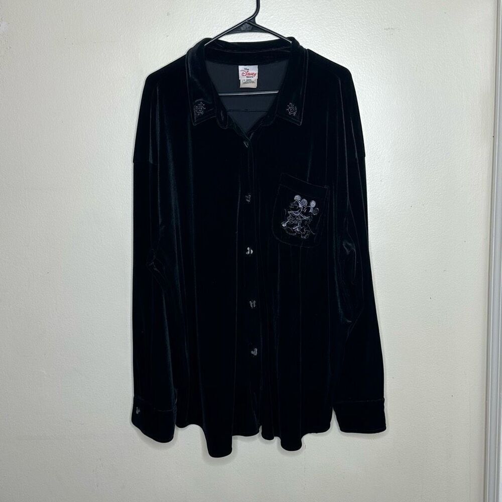 The Disney Store‎ Mickey Mouse Black Velvet Velour Button Up Shirt size XL